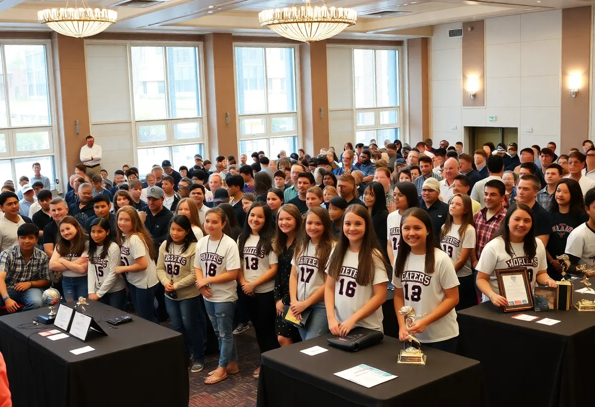 Attendees celebrating at the Hall of Fame induction ceremony for school sports.