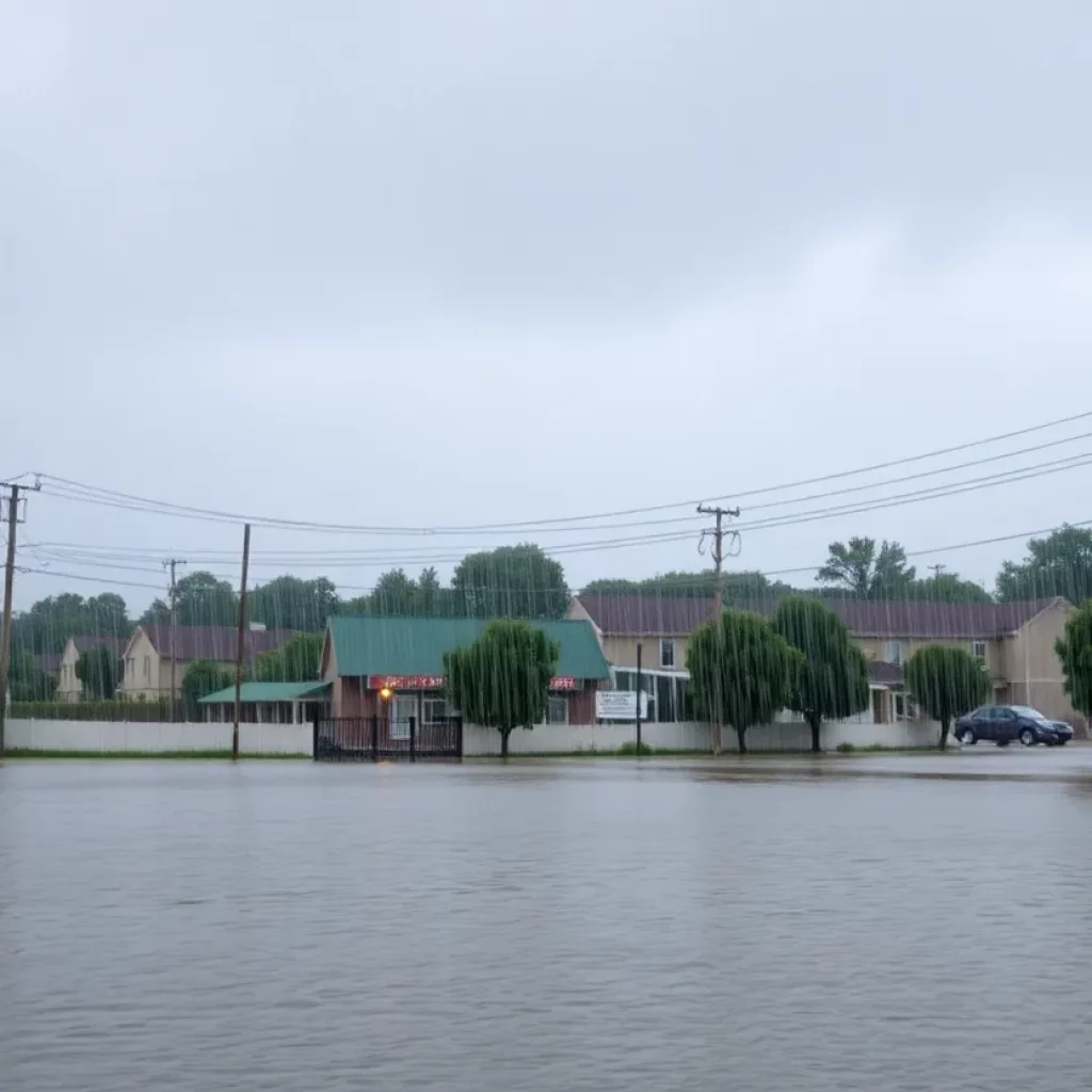 Flooded street in urban Southeast U.S. due to heavy rainfall from atmospheric river.
