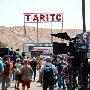 Hollywood film set with equipment and crew near a tariff sign