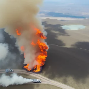Wildfire burning near Mono Lake with fire trucks on scene