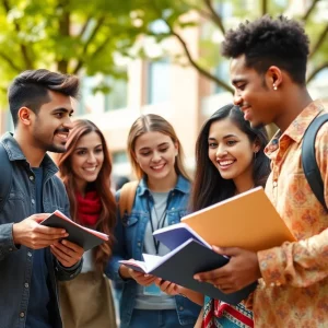 Diverse international students studying together on campus