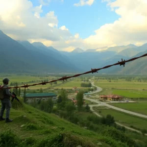 A picturesque view of Kashmir's mountains with signs of conflict.
