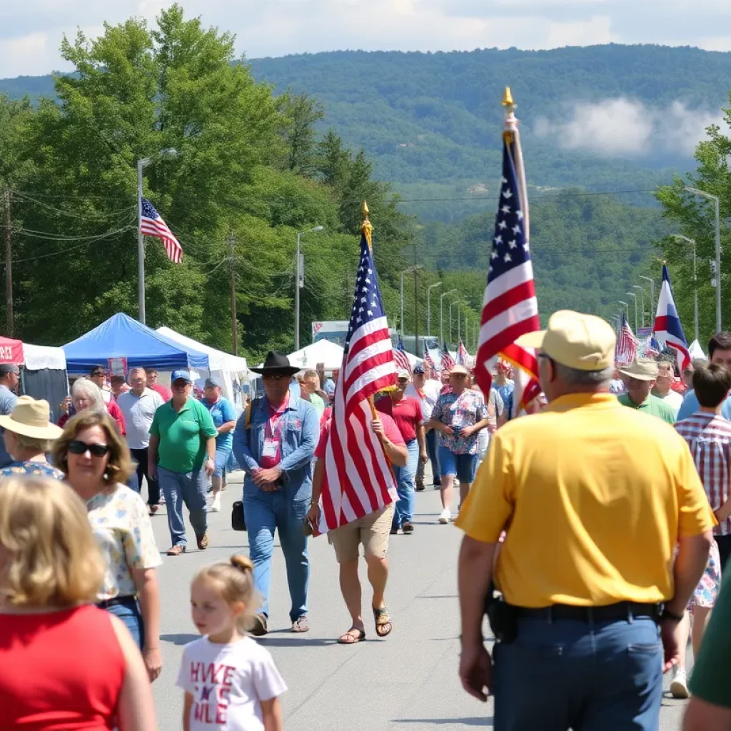 Crowd enjoying Memorial Day festivities with food trucks and decorations