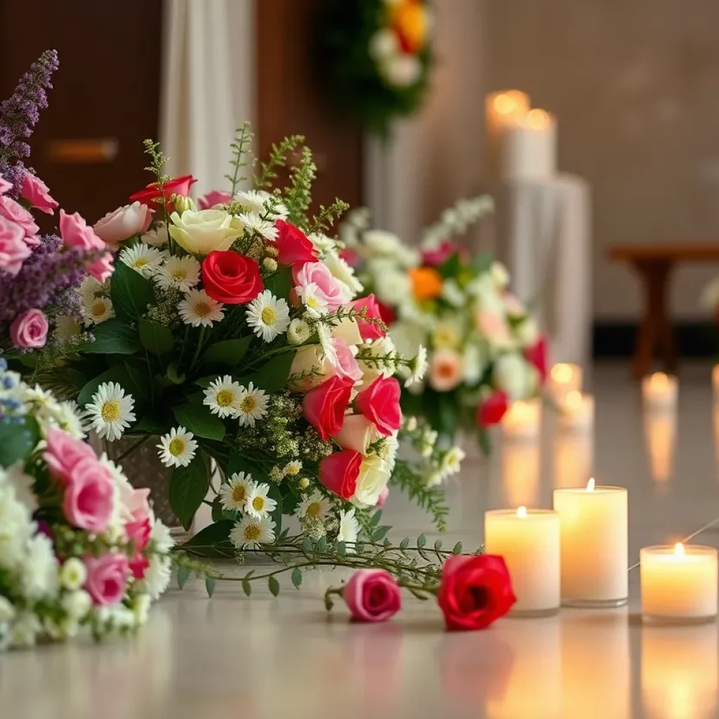 Memorial service setup with flowers and candles