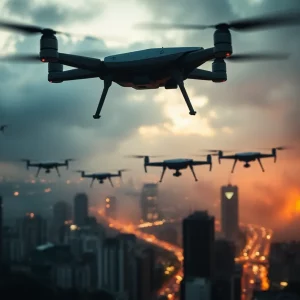 Drones flying over a city during military conflict