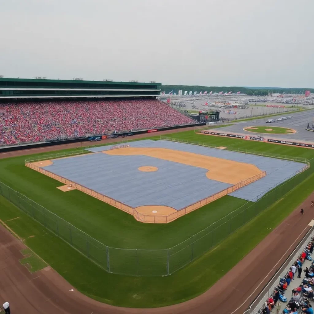 Temporary baseball field at Bristol Motor Speedway with fans in attendance.
