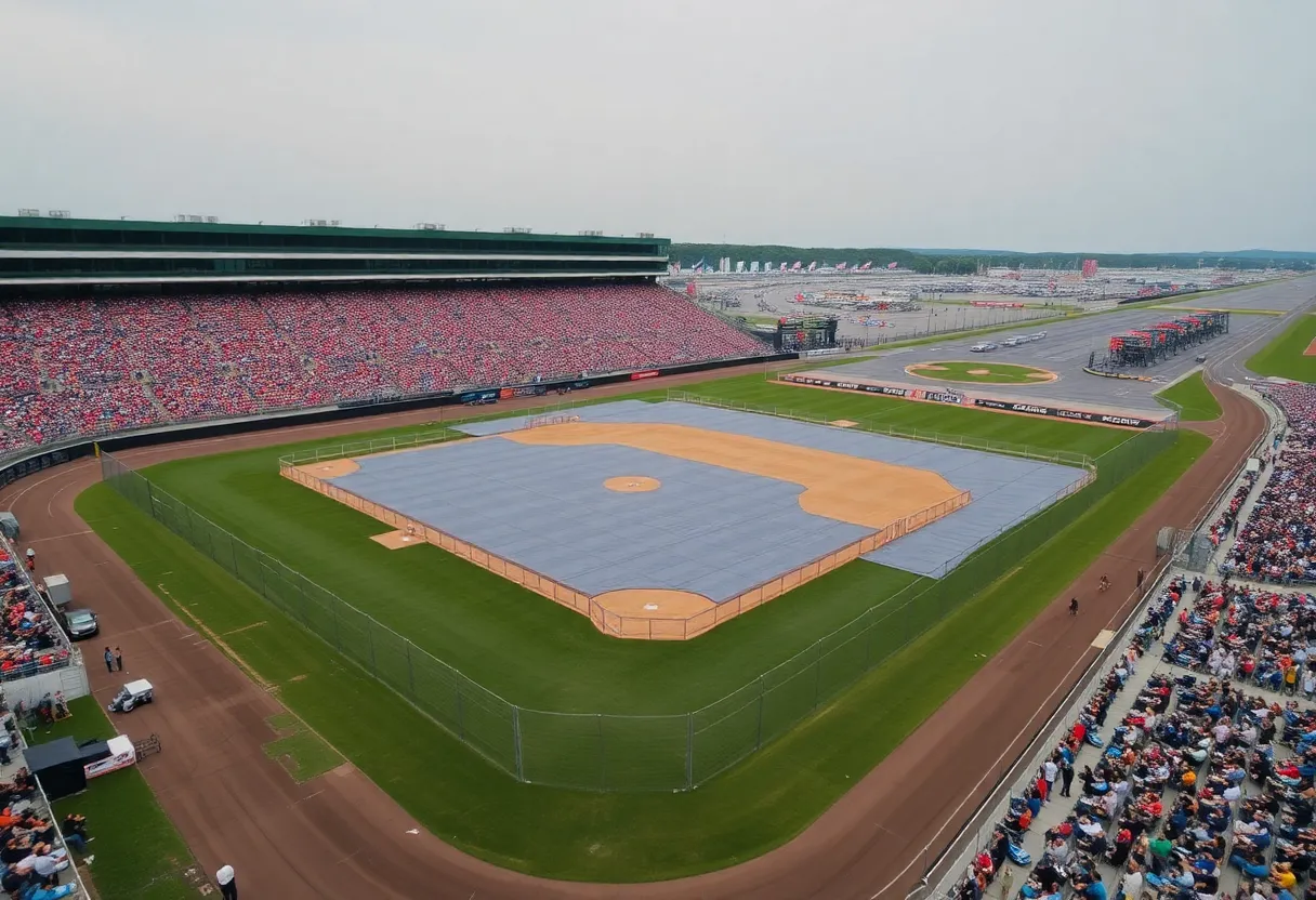 Temporary baseball field at Bristol Motor Speedway with fans in attendance.