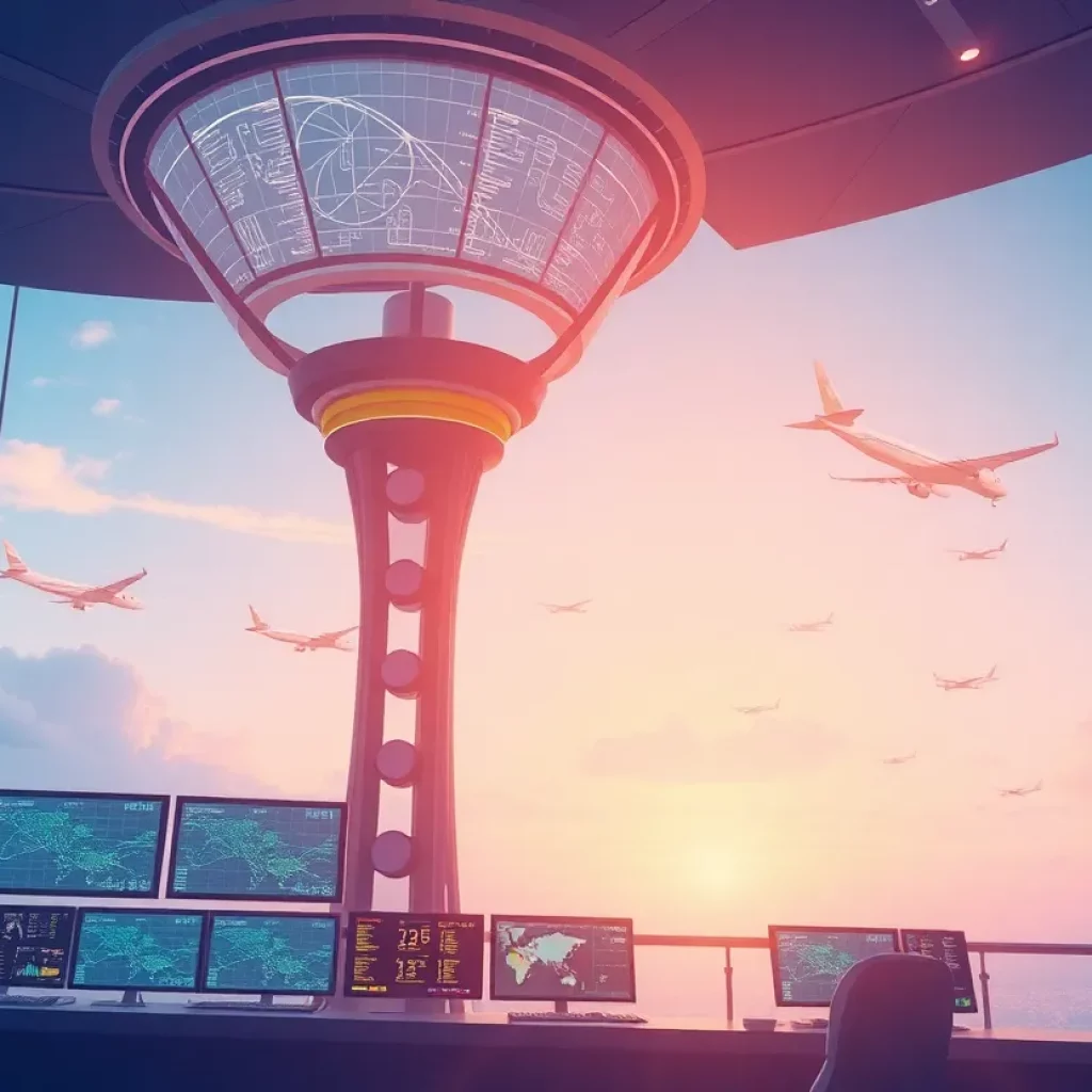 Futuristic air traffic control tower managing flight data.