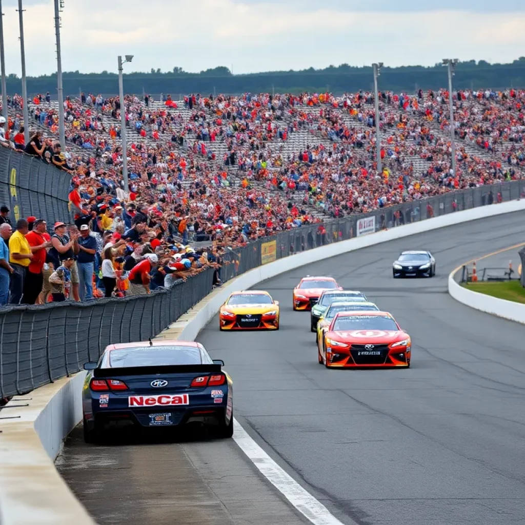 NASCAR race at North Wilkesboro Speedway with cars racing and fans cheering