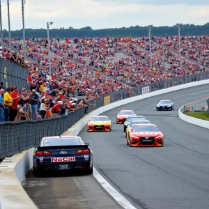 NASCAR race at North Wilkesboro Speedway with cars racing and fans cheering
