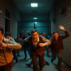 Dramatic scene of a jail break with escapees fleeing.