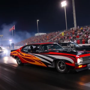 Drag racing cars competing at the NHRA Thunder Valley Nationals with bright lights and a large crowd.
