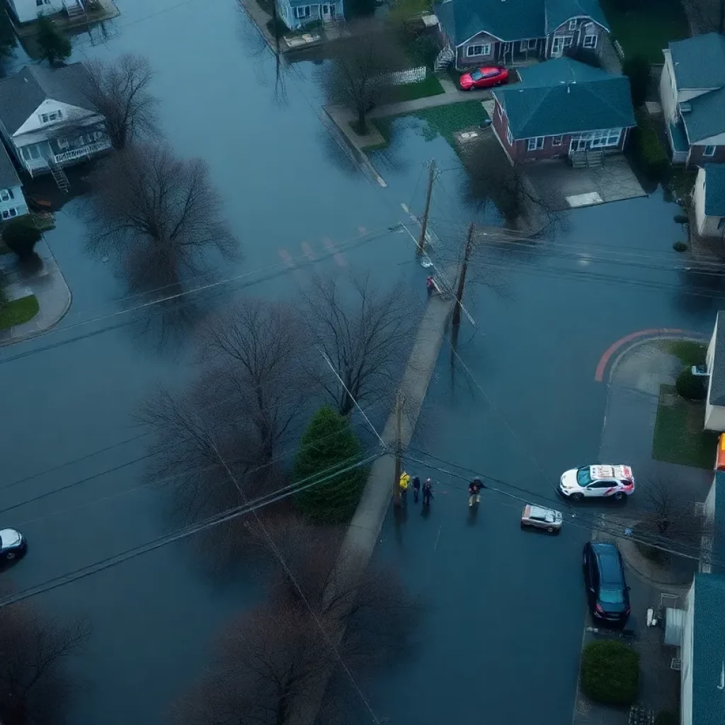 Aerial view of a flooded urban area with emergency responders.