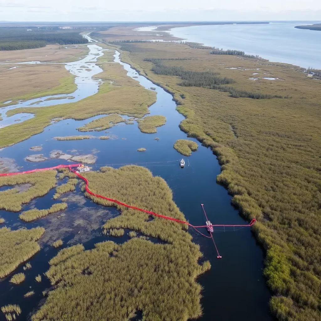 Aerial view of marshland with containment booms during oil leak cleanup operations.