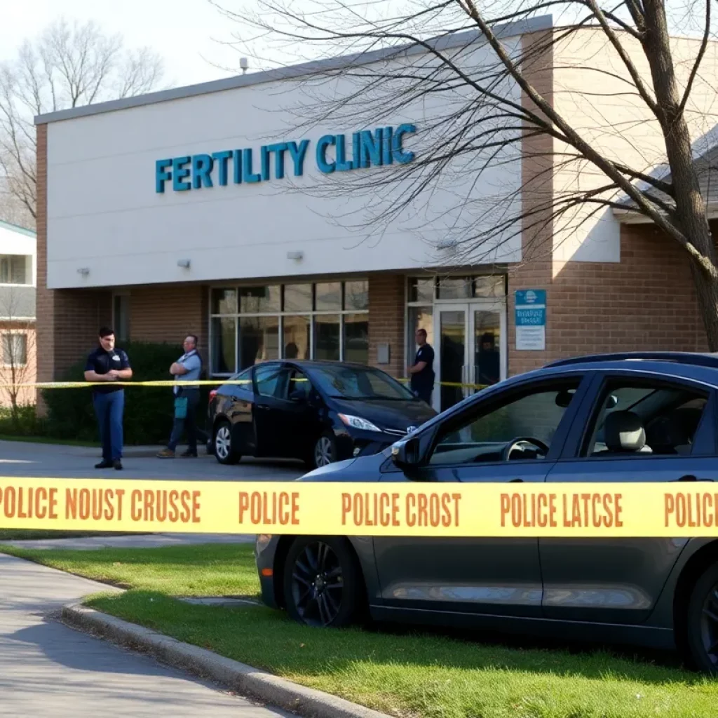 Scene of the bombing at the Palm Springs fertility clinic with debris and emergency personnel.
