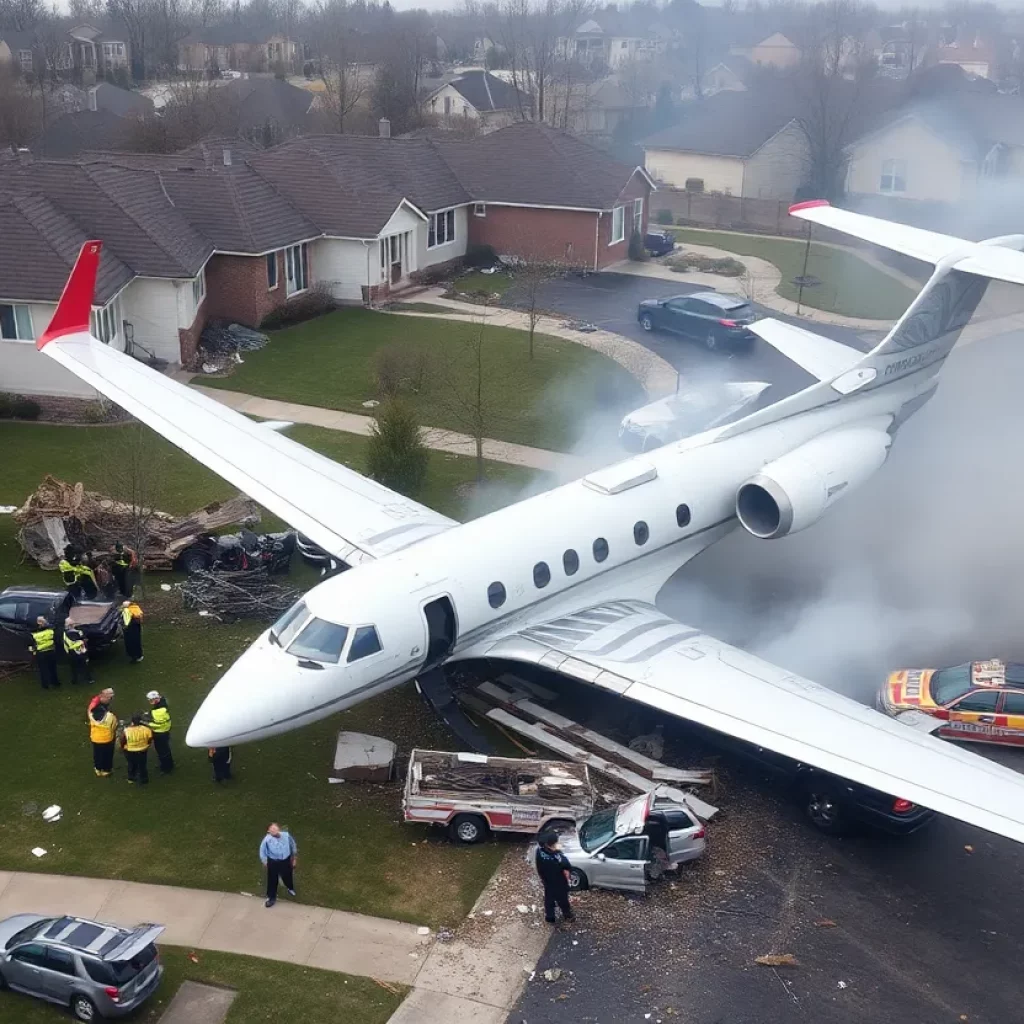 Scene of a private jet crash in a San Diego neighborhood with emergency responders working amidst the debris.