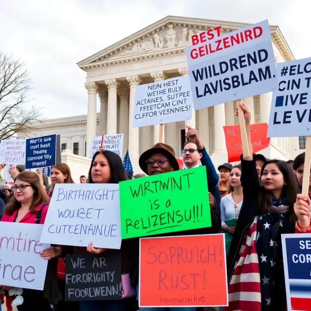 Demonstrators advocating for birthright citizenship rights outside the Supreme Court.