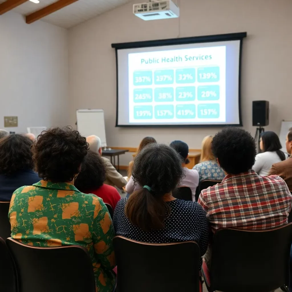 Attendees at a community meeting discussing public health services.