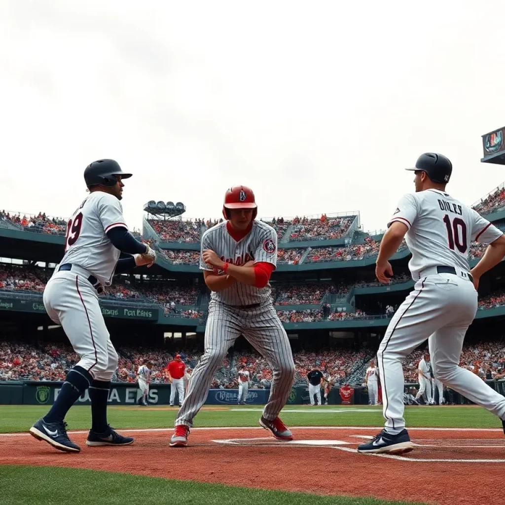 Players from the Tennessee Volunteers and Auburn Tigers during a baseball game.