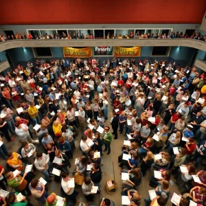 A vibrant scene from the Scripps National Spelling Bee with young spellers and an audience in anticipation.