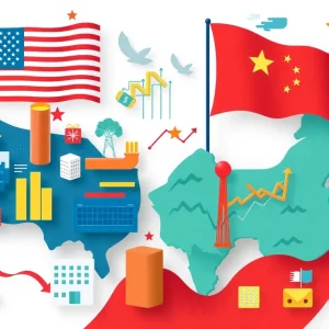 Symbolic representation of U.S.-China trade relations with graphics signifying economic growth and trade dynamics.