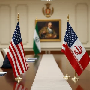 Meeting room with US and Iran flags symbolizing nuclear talks
