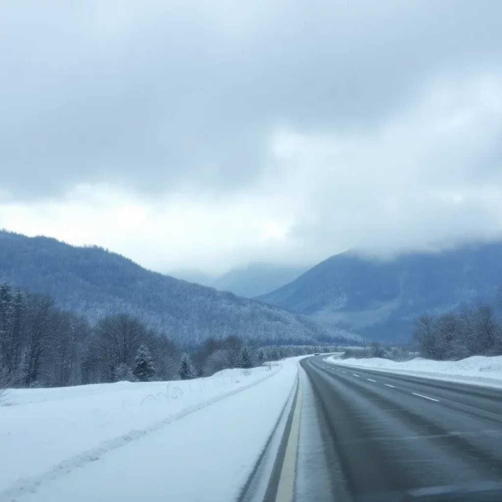 Snowy mountains during a winter storm in East Tennessee