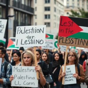 Group of activists advocating for Palestinian rights at a protest