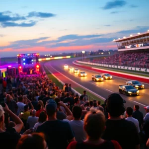 Andy Ross performing live at Bristol Dragway with racing cars in the background