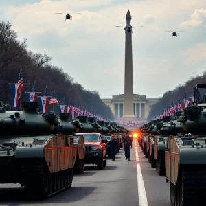 Aerial view of Army parade featuring tanks and soldiers in Washington D.C.