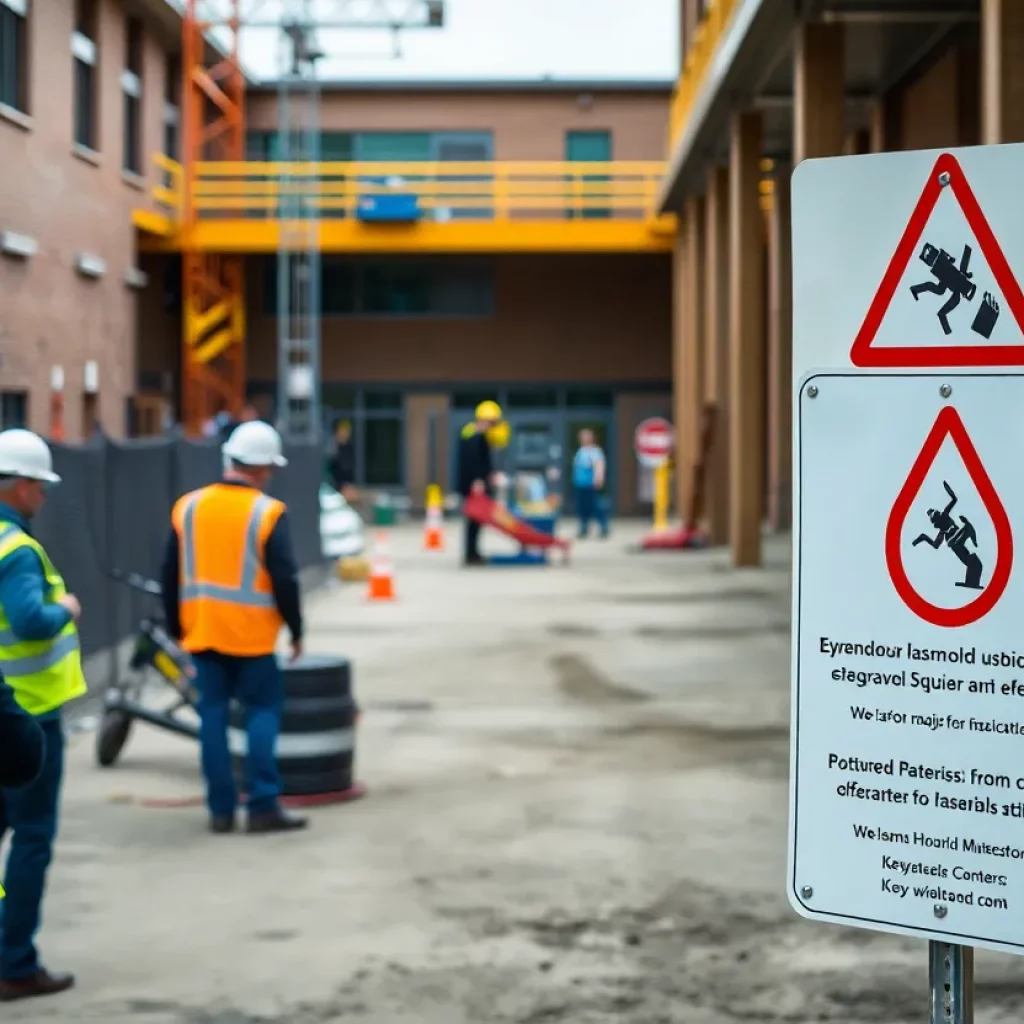 Construction site at a school with safety warnings and protective gear