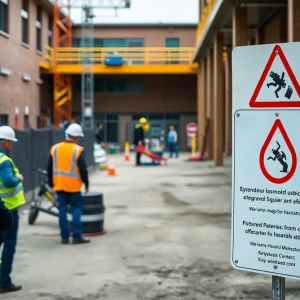 Construction site at a school with safety warnings and protective gear