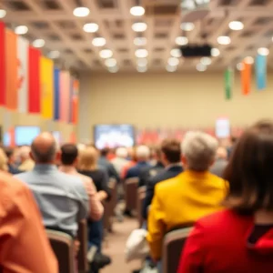 Atmosphere of the California Democratic Convention with engaged delegates.