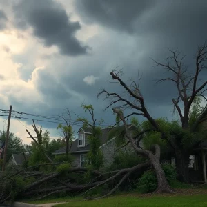 Scene of destruction with uprooted trees and damaged structures after a powerful storm.