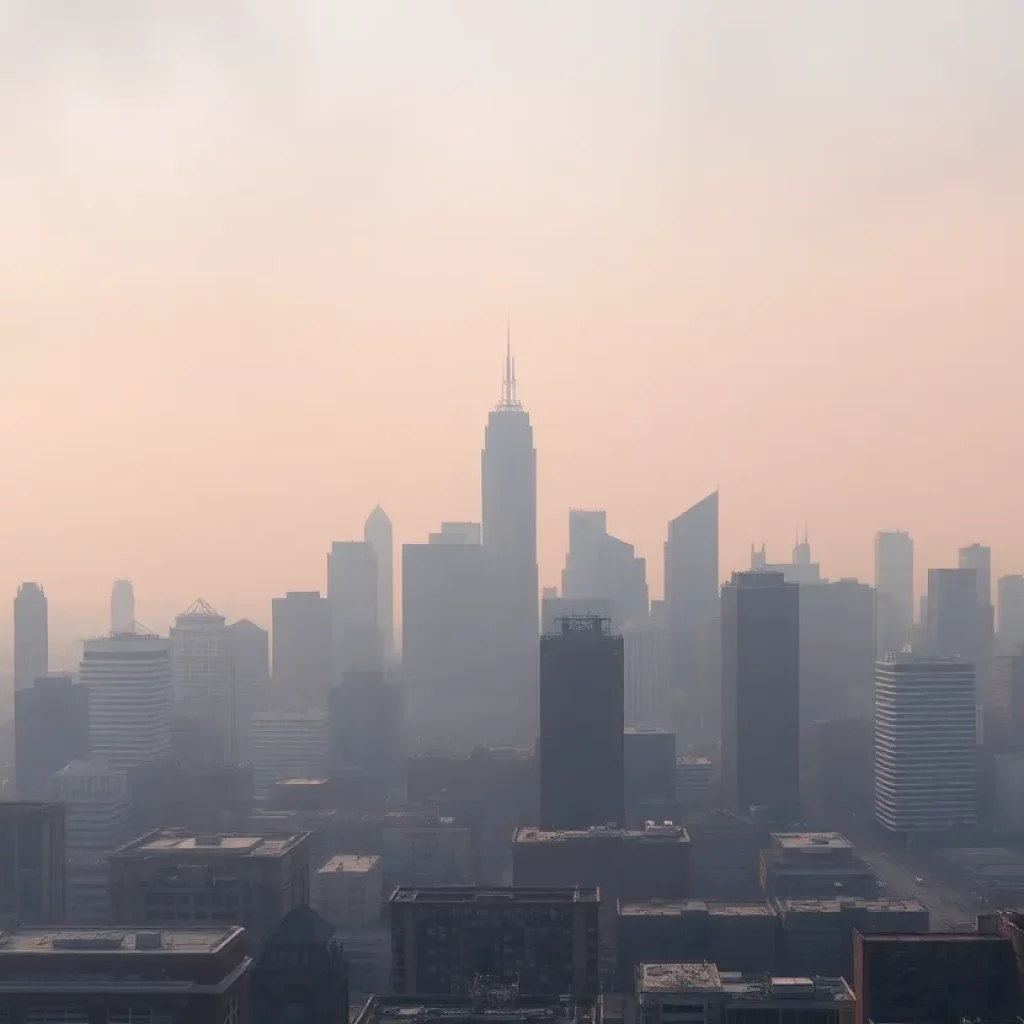 Hazy skyline of Detroit, Michigan affected by air quality issues