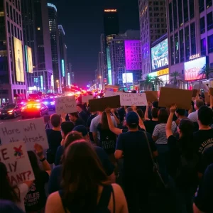 Nighttime view of Downtown Los Angeles protests with law enforcement presence
