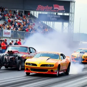 Drag racing scene with cars speeding on the track