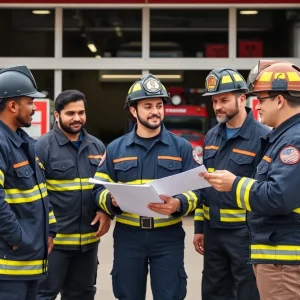 Firefighters discussing in front of a fire department building