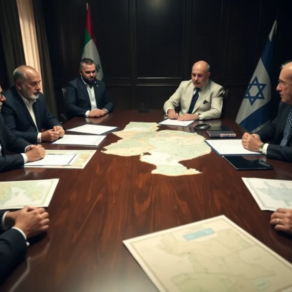Tense negotiation scene between Hamas representatives and Israeli officials