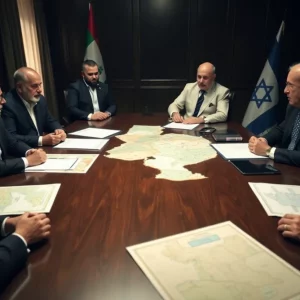 Tense negotiation scene between Hamas representatives and Israeli officials