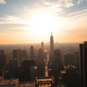 City skyline affected by a heat dome with heat waves rising.