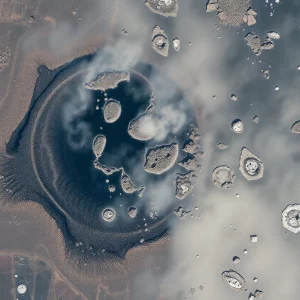 Satellite image showing extensive damage at a nuclear facility with craters