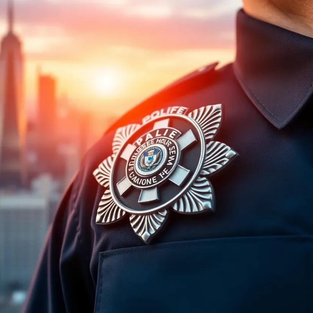Symbolic representation of police leadership with badge and skyline