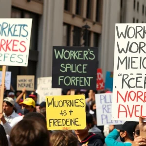 Protesters rallying in Los Angeles for workers' rights and immigration reform.