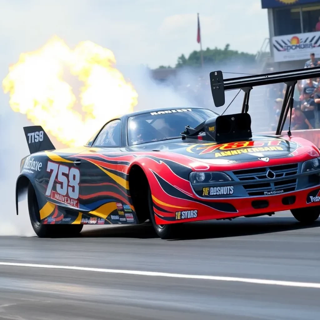 Mooneyes Funny Car showcasing 75th Anniversary design at NHRA event