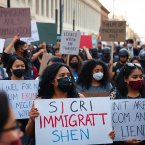 Crowd protesting against immigration policies with law enforcement presence.