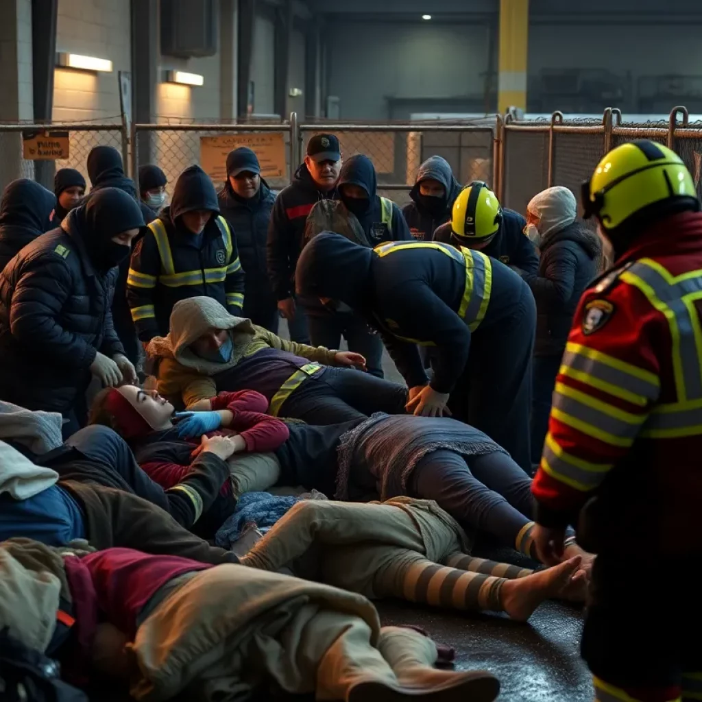 Emergency responders at a homeless shelter after a stabbing incident