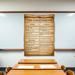 A framed poster of the Ten Commandments on a classroom wall
