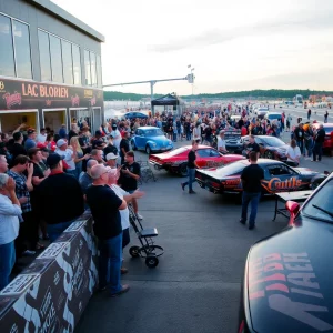Crowd cheering at the NHRA Thunder Valley Nationals with race cars and beer garden.