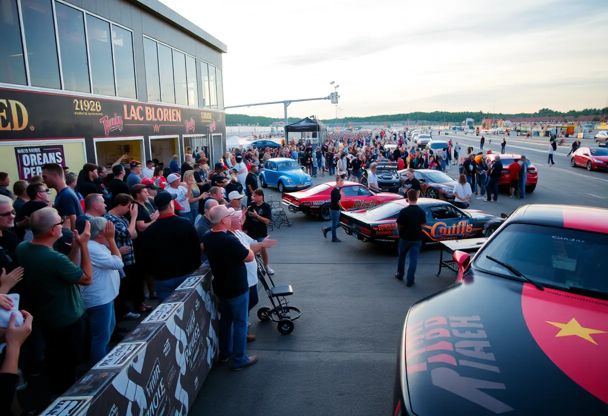 Crowd cheering at the NHRA Thunder Valley Nationals with race cars and beer garden.